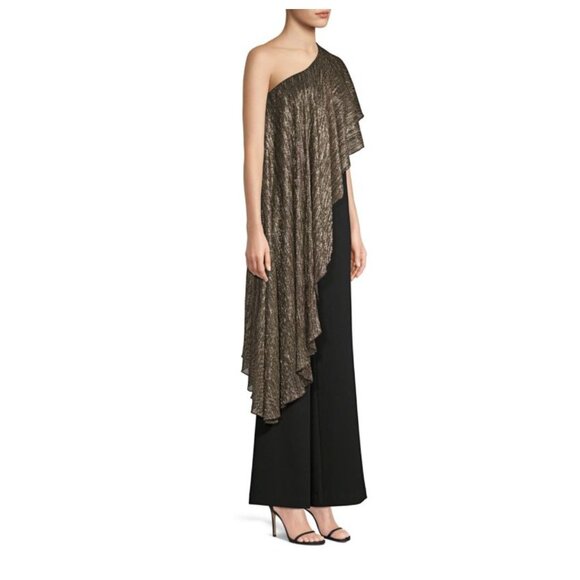 Trina Turk Eastern Luxe Koi Metallic One-Shoulder Jumpsuit Evening Gold Black 12 - Picture 3 of 16